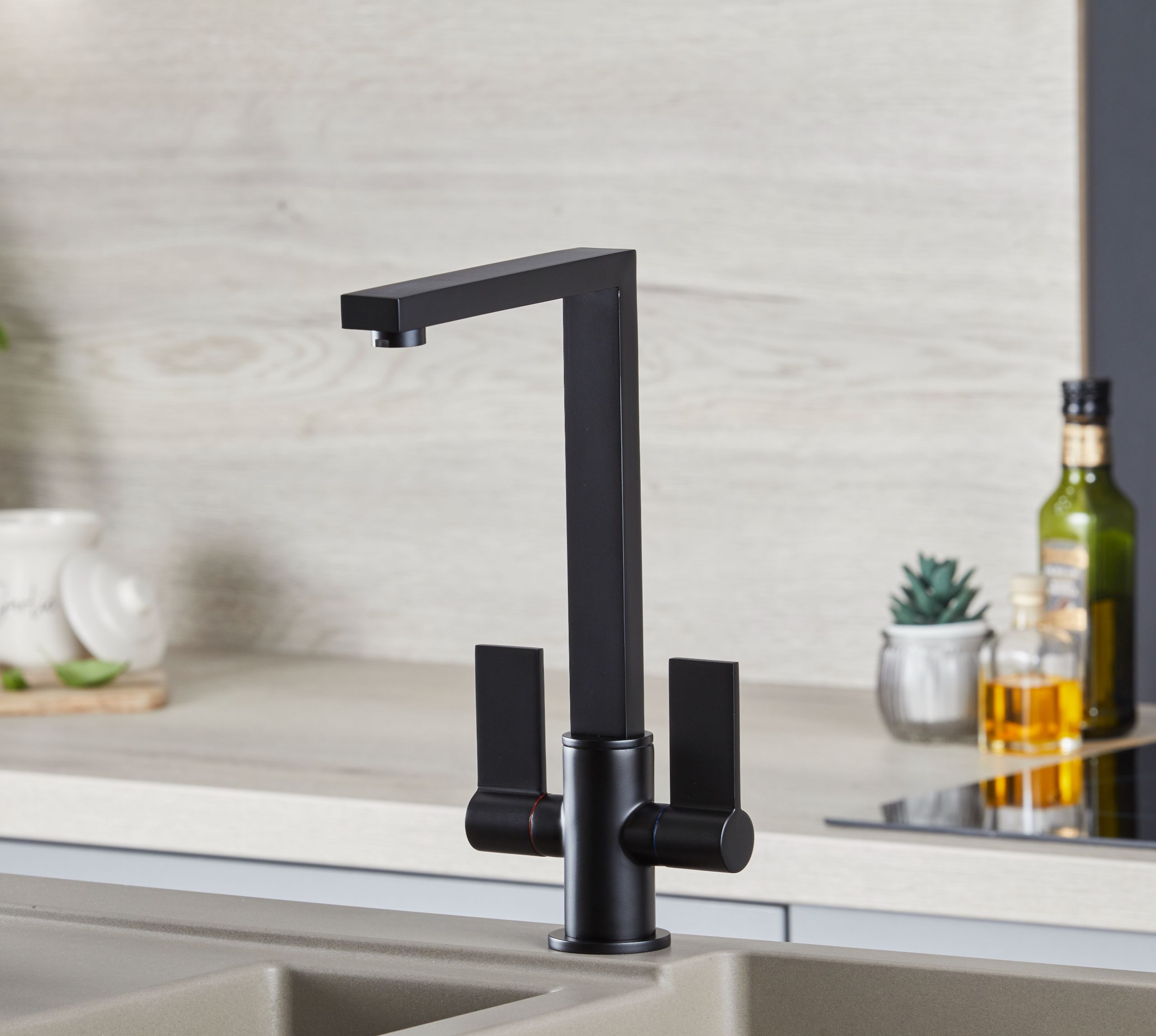Ayton Mono Bloc Twin Flat Lever with Square Spout - Matt Black