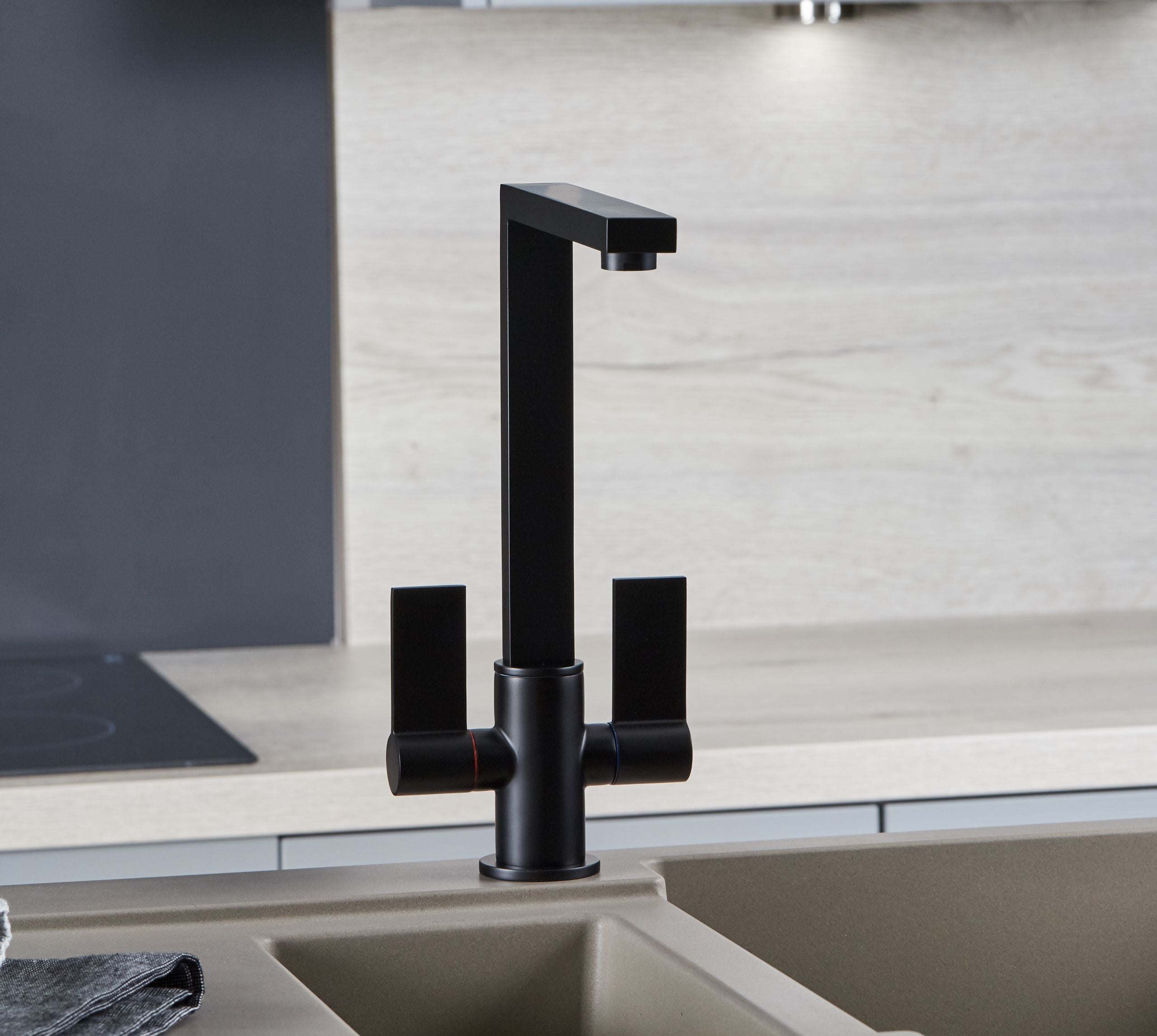 Ayton Mono Bloc Twin Flat Lever with Square Spout - Matt Black