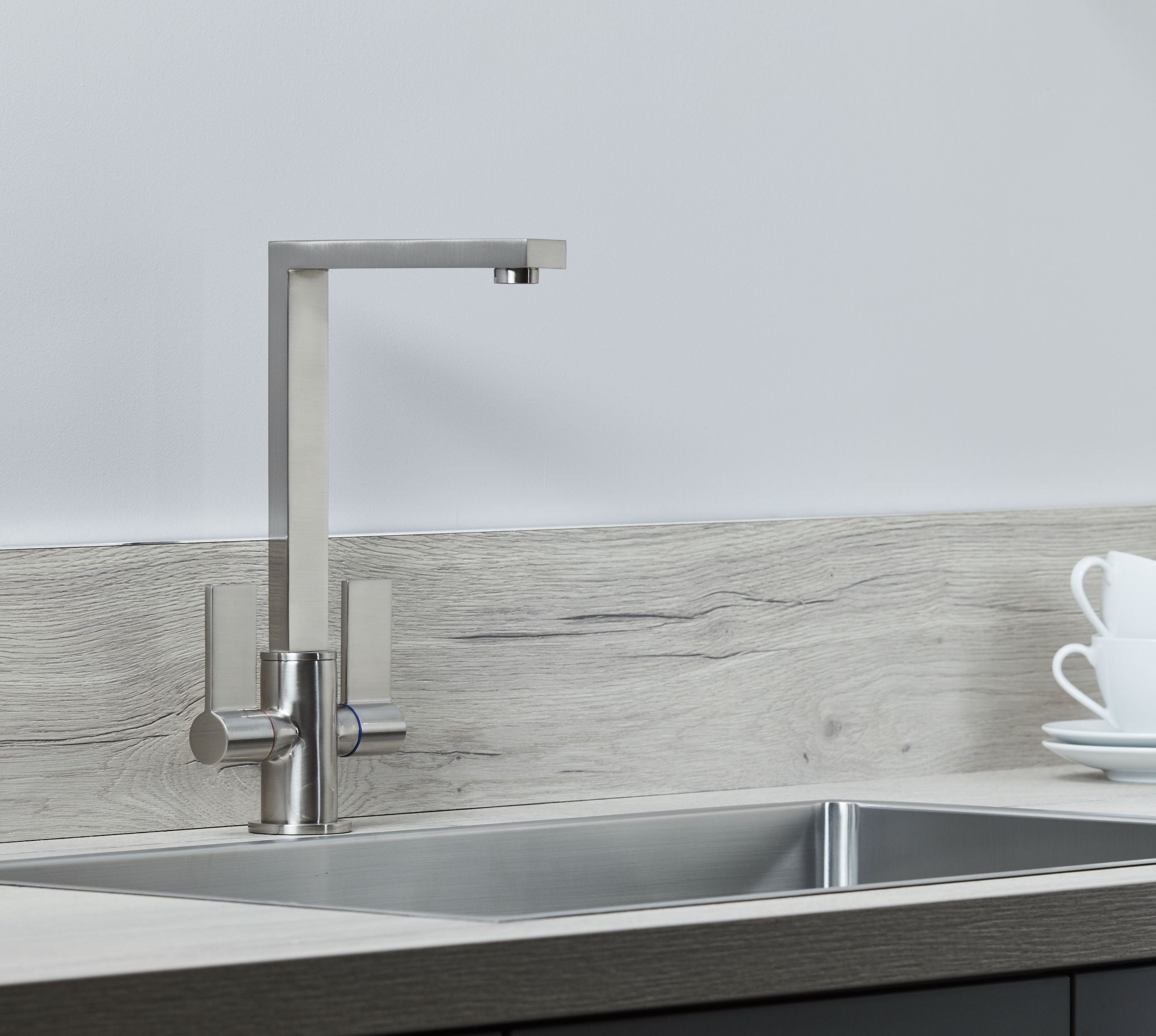 Ayton Mono Bloc with twin Flat Handles and Square spout - Brushed Nickel