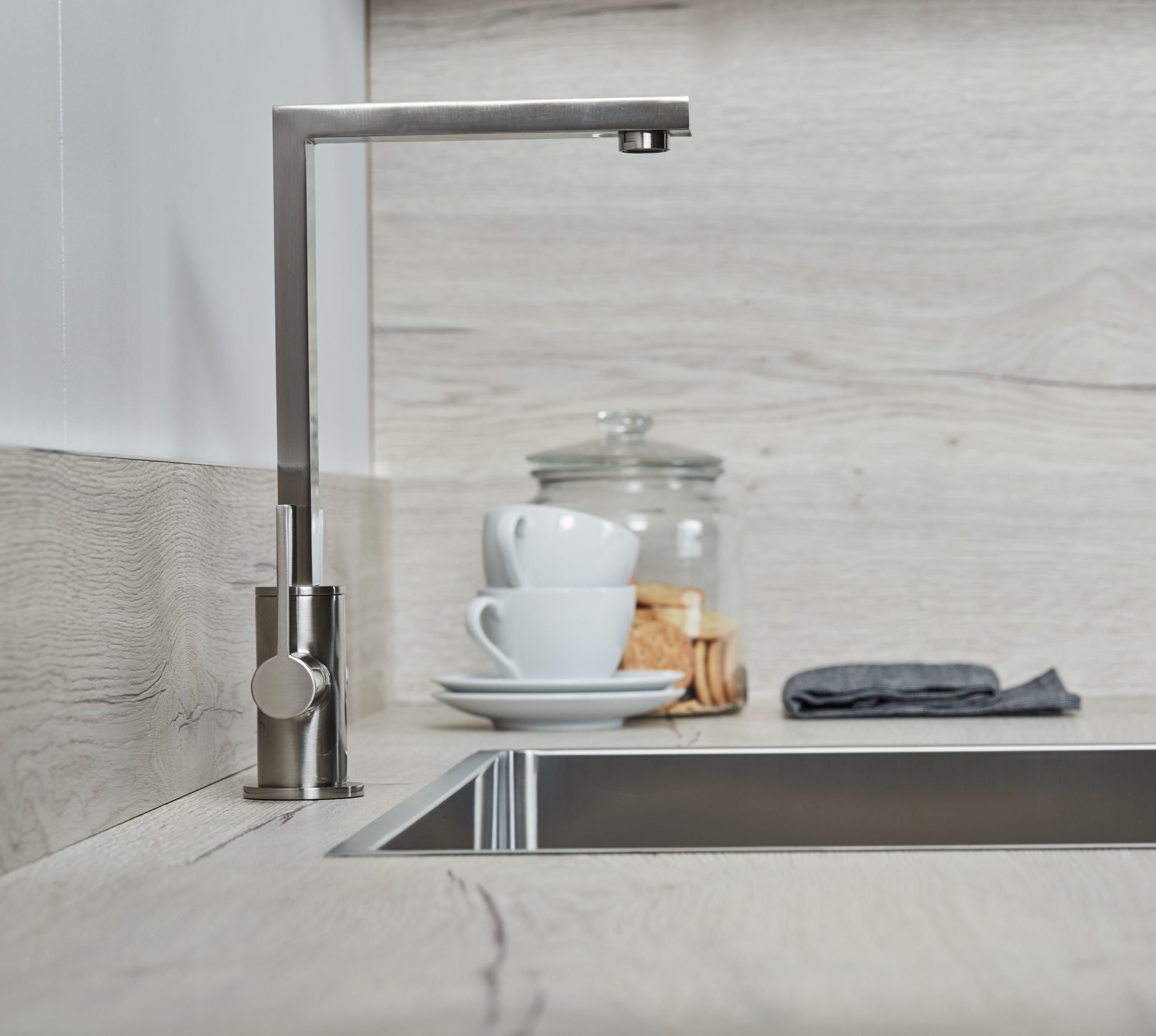 Ayton Mono Bloc with twin Flat Handles and Square spout - Brushed Nickel