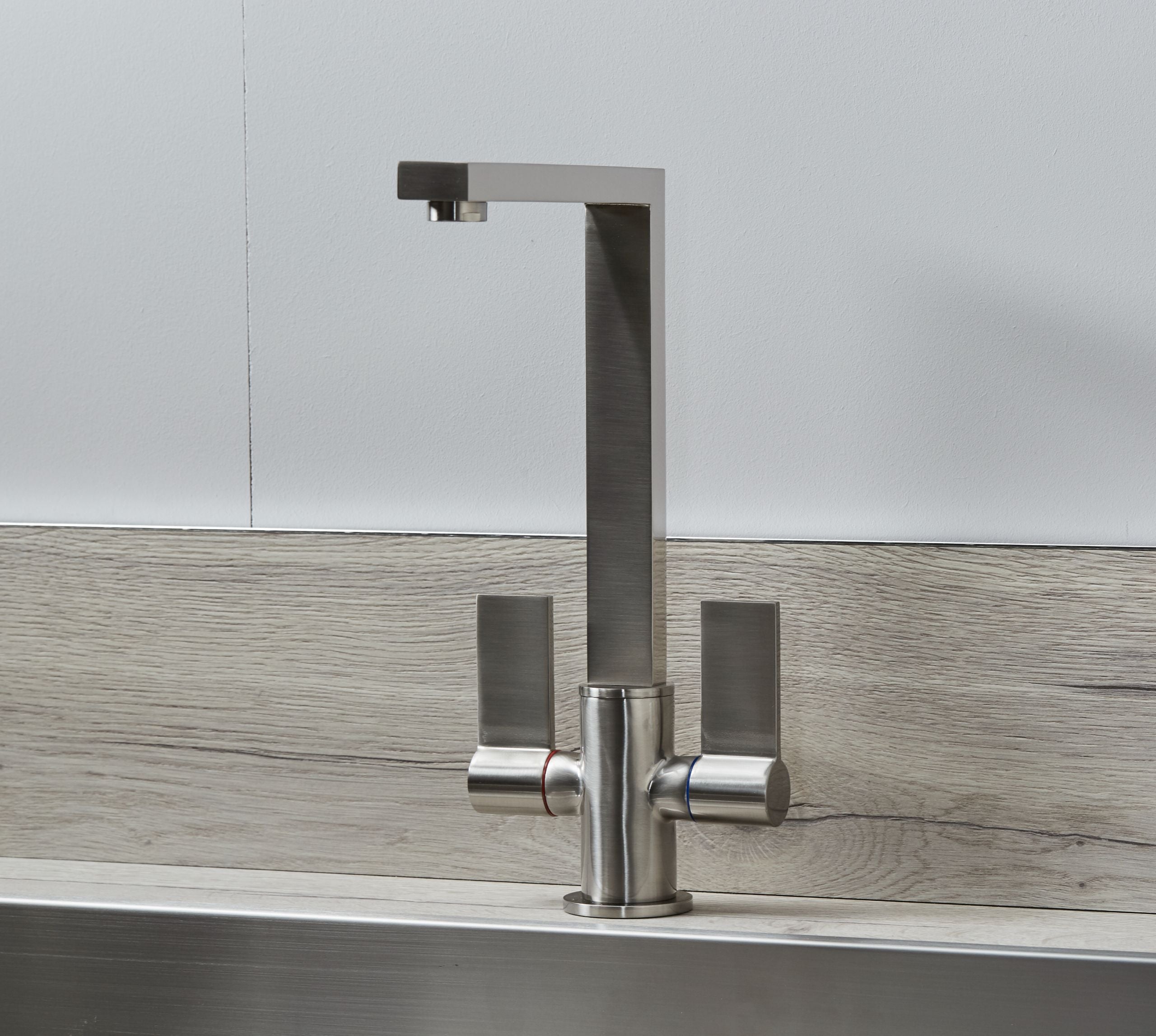 Ayton Mono Bloc with twin Flat Handles and Square spout - Brushed Nickel