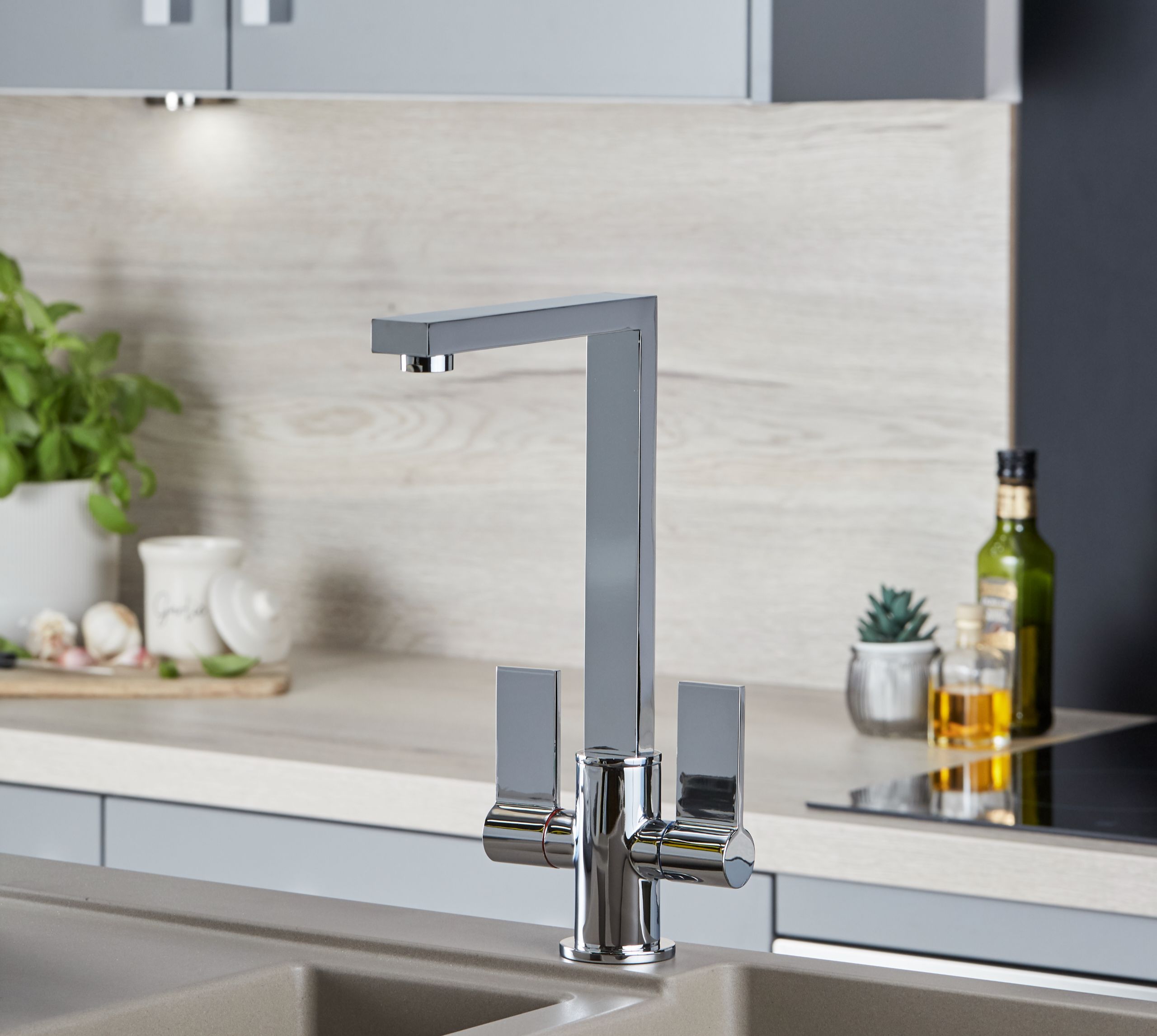 Ayton Mono Bloc Twin Flat Handle Square Spout - Chrome