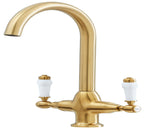 Imperial Twin Lever Traditional Style Swan Neck Mono Bloc Tap - Brushed Brass with White Levers