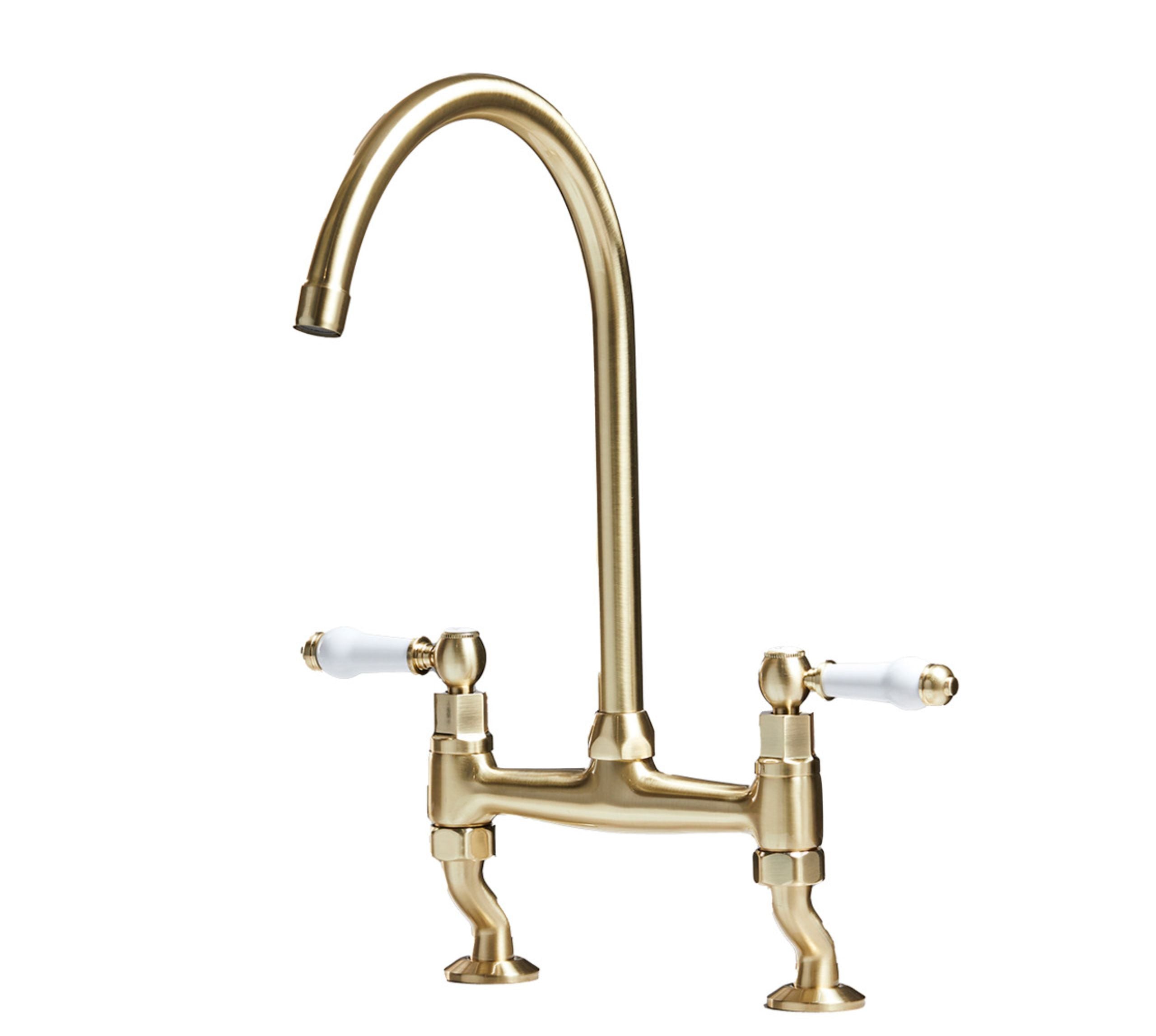 Traditional Bridge white ceramic lever sink mixer tap - Brushed Brass