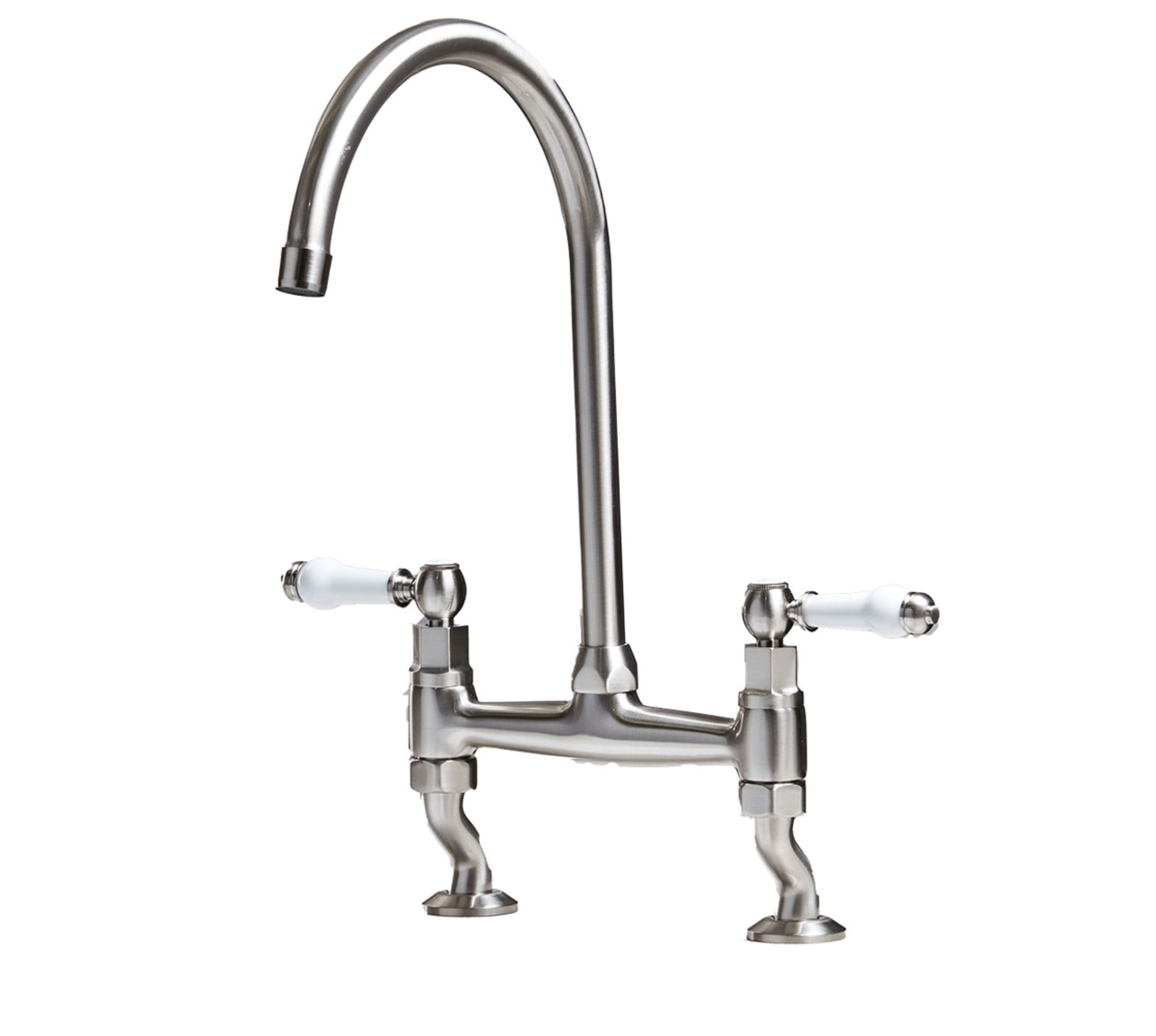 Traditional Bridge white ceramic lever sink mixer tap - Brushed Nickel