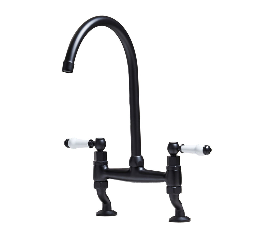 Traditional Bridge White ceramic lever sink mixer tap - Matt Black