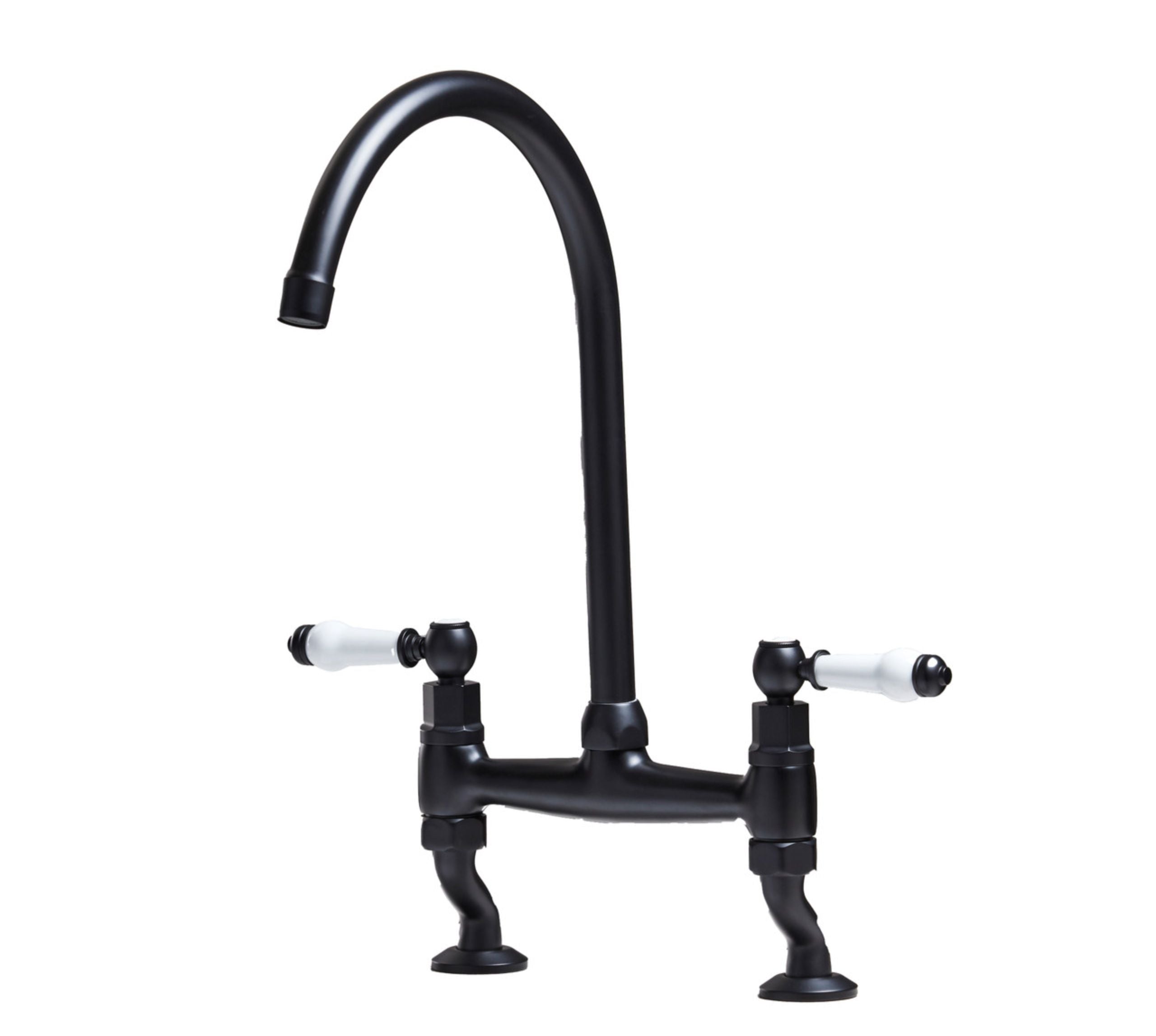 Traditional Bridge White ceramic lever sink mixer tap - Matt Black