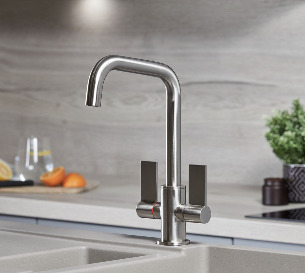 Malton Mono Bloc Twin Flat Lever Handles with Round D shape Spout - Brushed Nickel