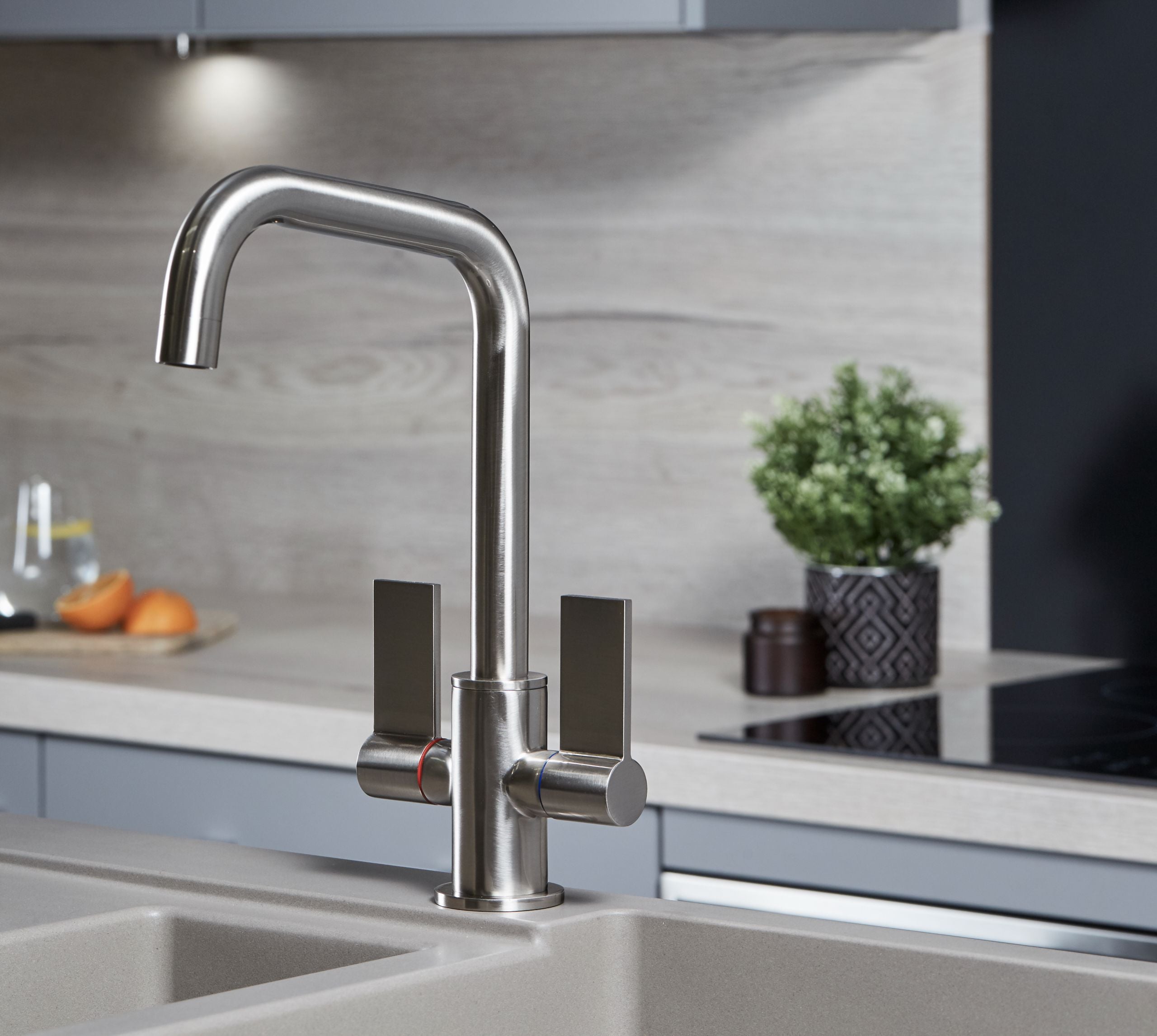 Malton Mono Bloc Twin Flat Lever Handles with Round D shape Spout - Brushed Nickel