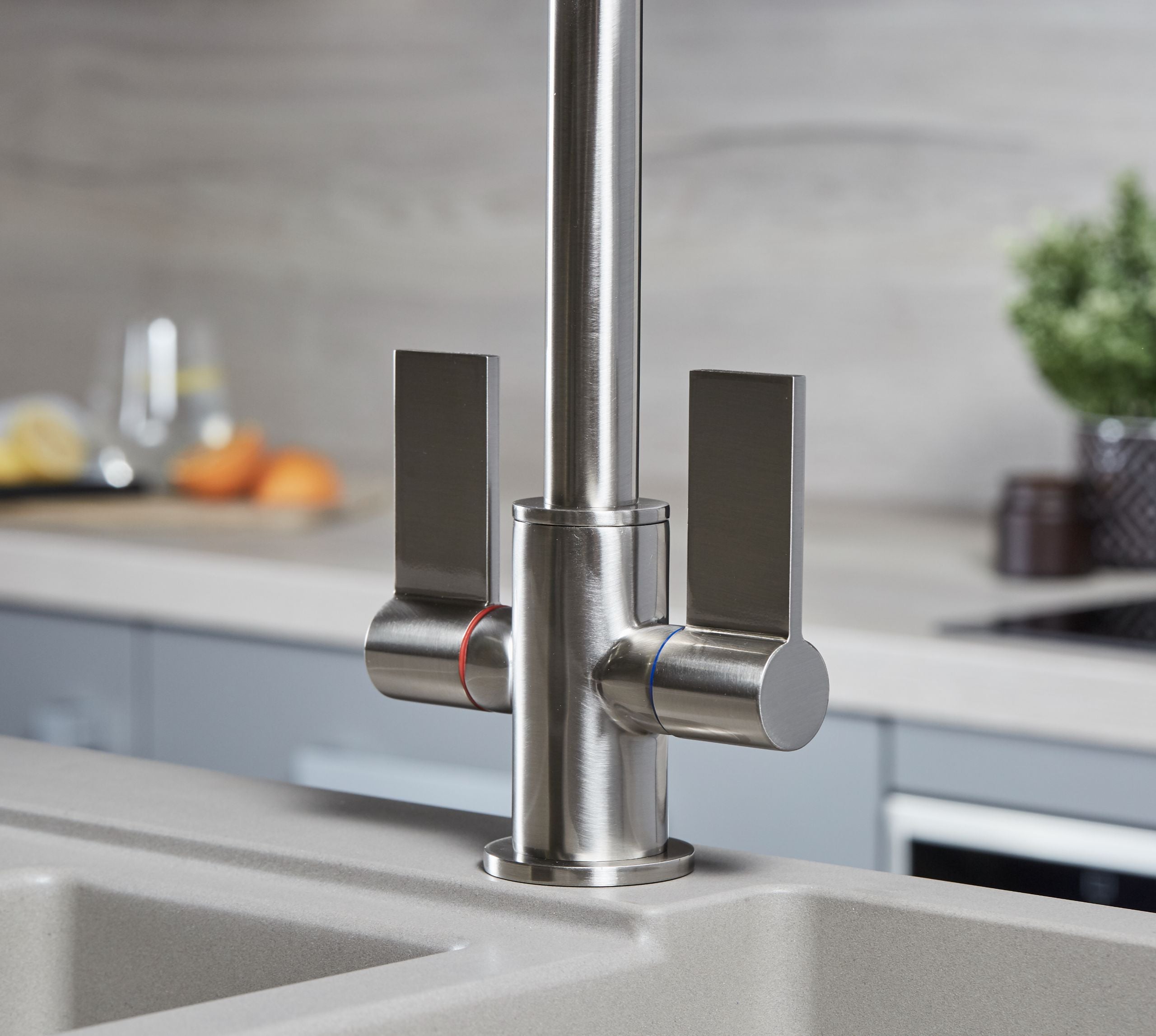 Malton Mono Bloc Twin Flat Lever Handles with Round D shape Spout - Brushed Nickel