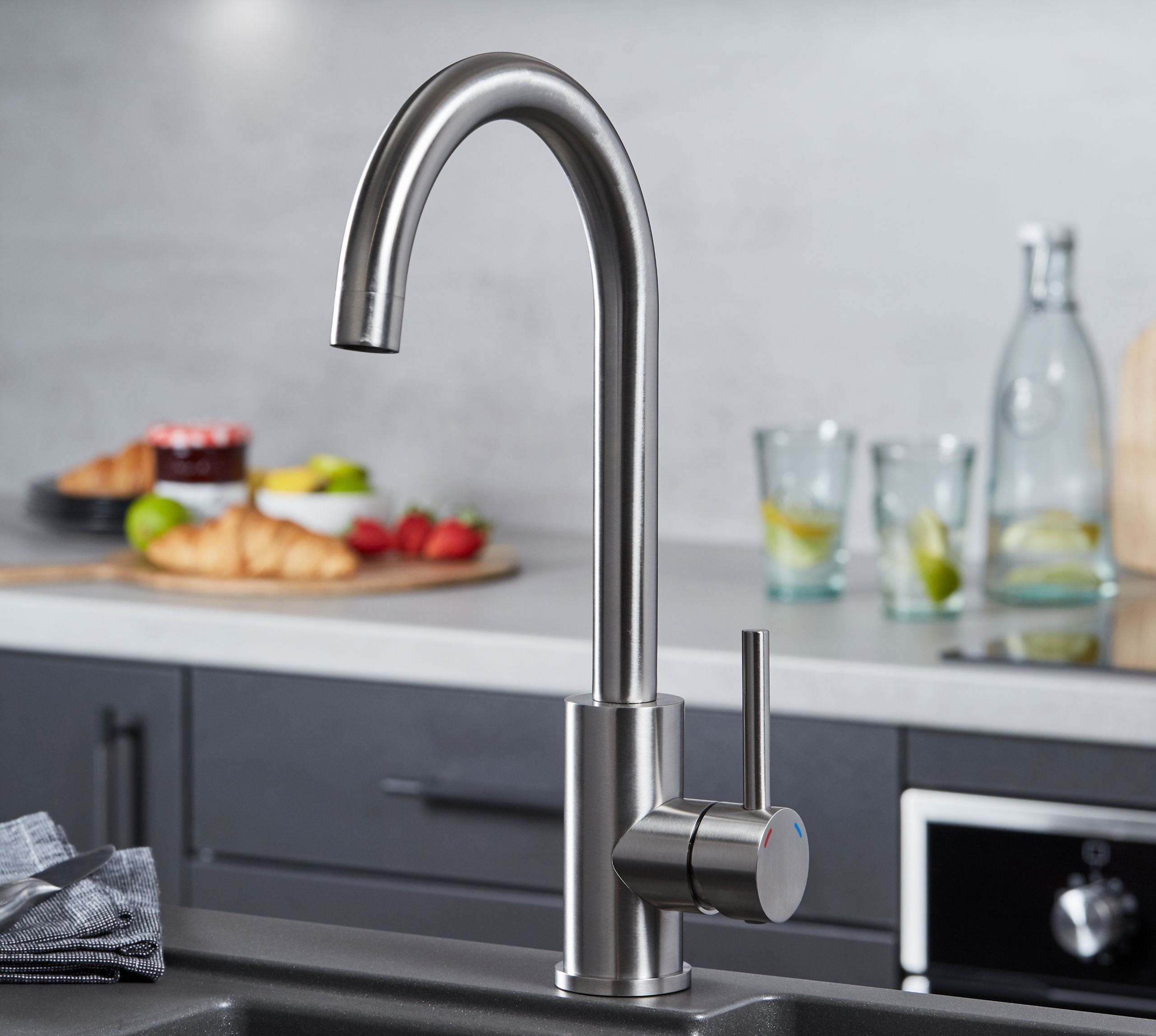 Elera Single Lever Swan Neck Mono Bloc Tap - Brushed Nickel