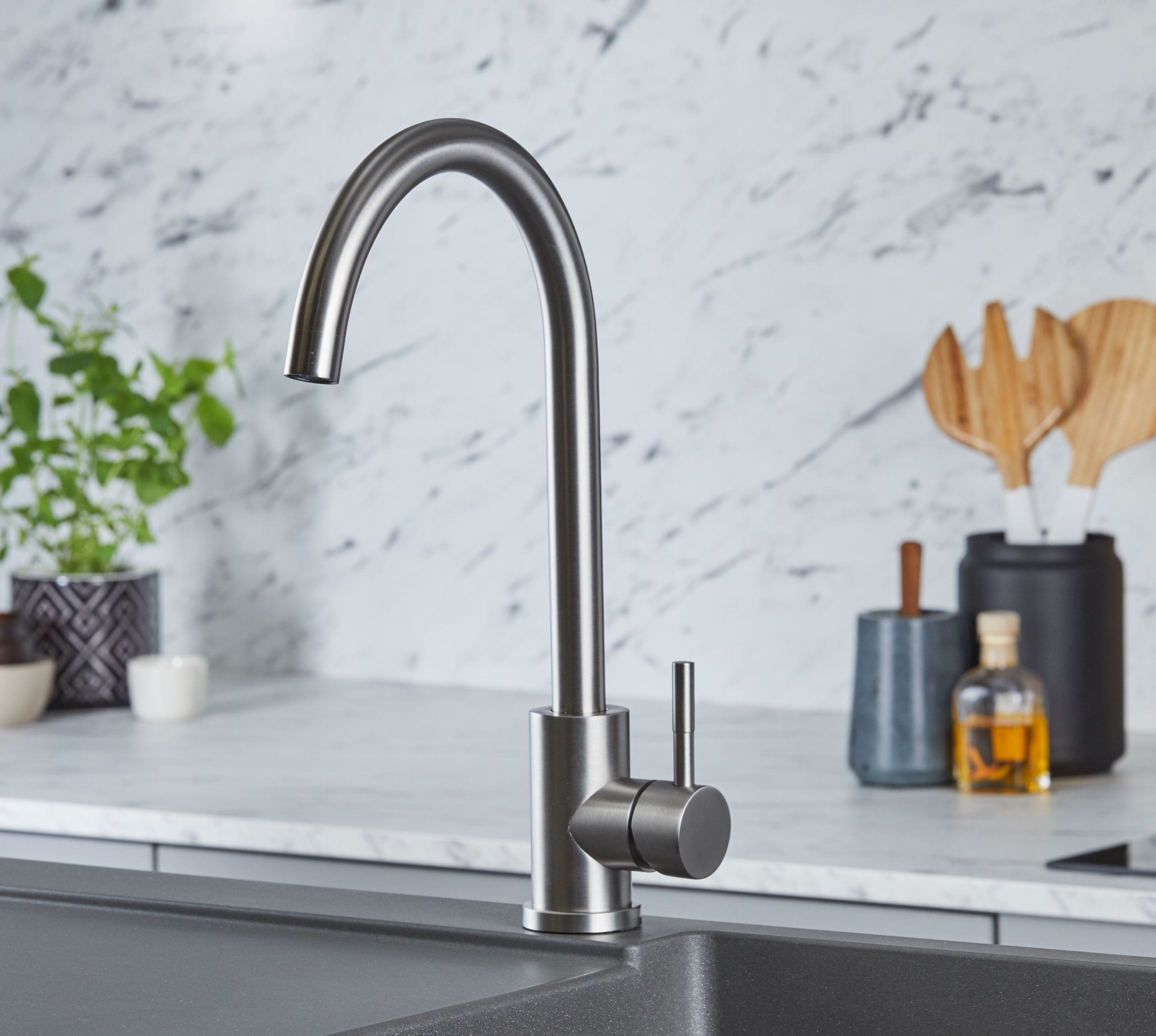 Elera Single Lever Swan Neck Mono Bloc Tap - Brushed Nickel