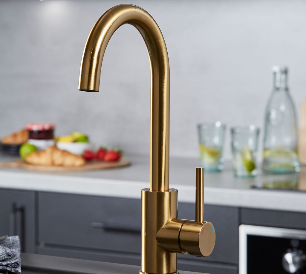 Elera Single Lever Swan Neck Mono Bloc Tap - Brushed Brass
