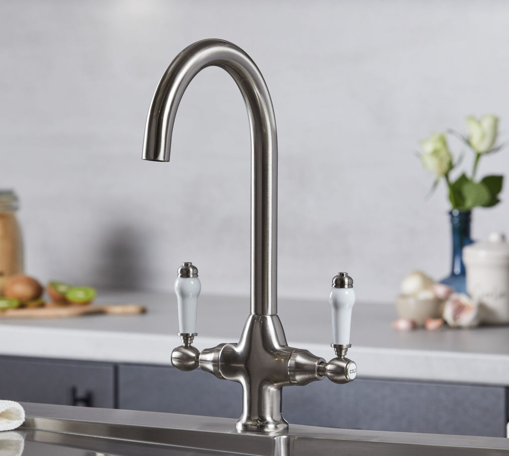 Imperial Twin Lever Traditional Style Swan Neck Mono Bloc Tap - Brushed Nickel with White Levers