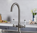 Imperial Twin Lever Traditional Style Swan Neck Mono Bloc Tap - Brushed Nickel with White Levers