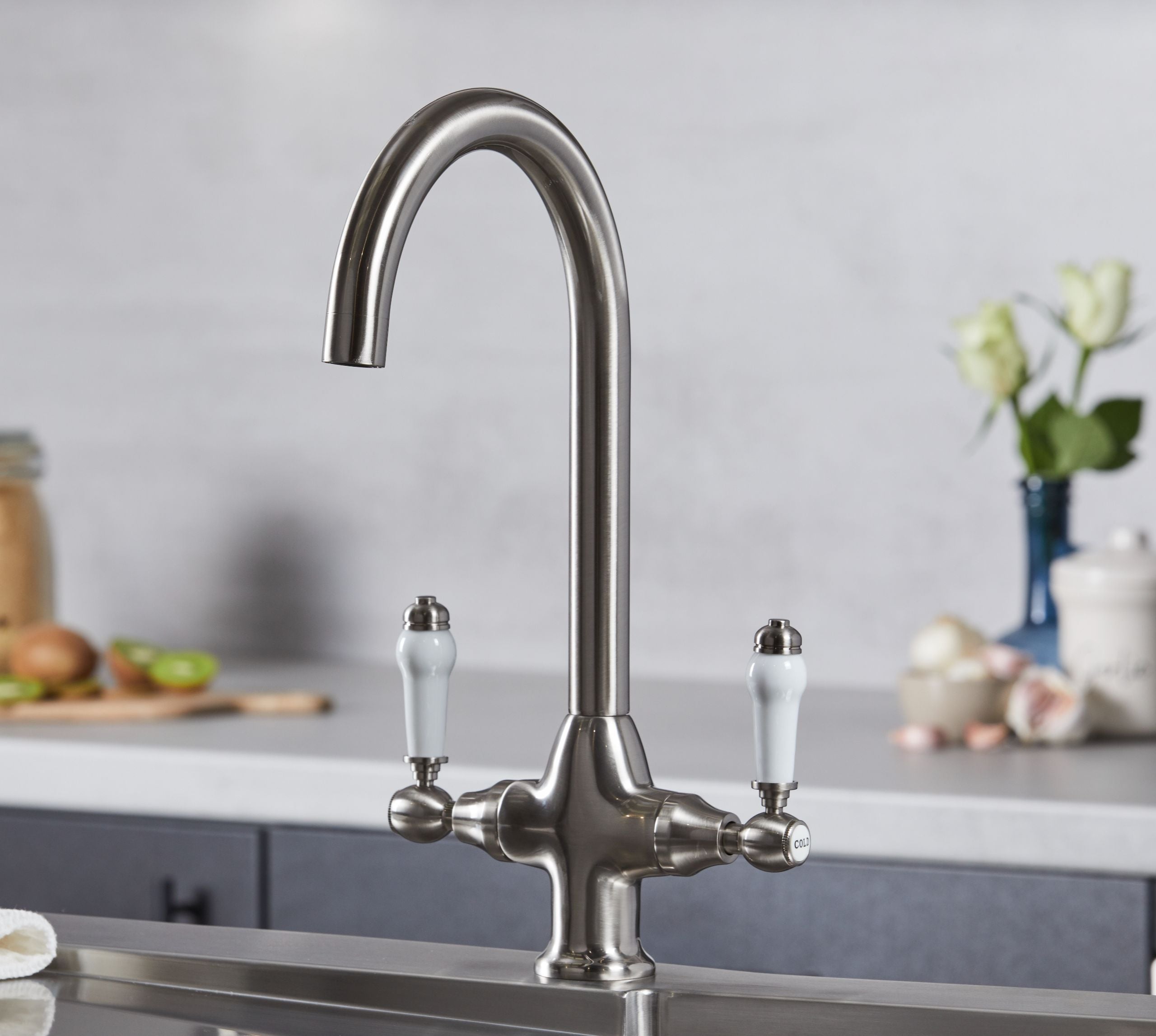 Imperial Twin Lever Traditional Style Swan Neck Mono Bloc Tap - Brushed Nickel with White Levers