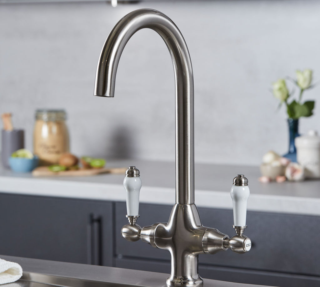 Imperial Twin Lever Traditional Style Swan Neck Mono Bloc Tap - Brushed Nickel with White Levers