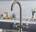 Imperial Twin Lever Traditional Style Swan Neck Mono Bloc Tap - Brushed Nickel with White Levers