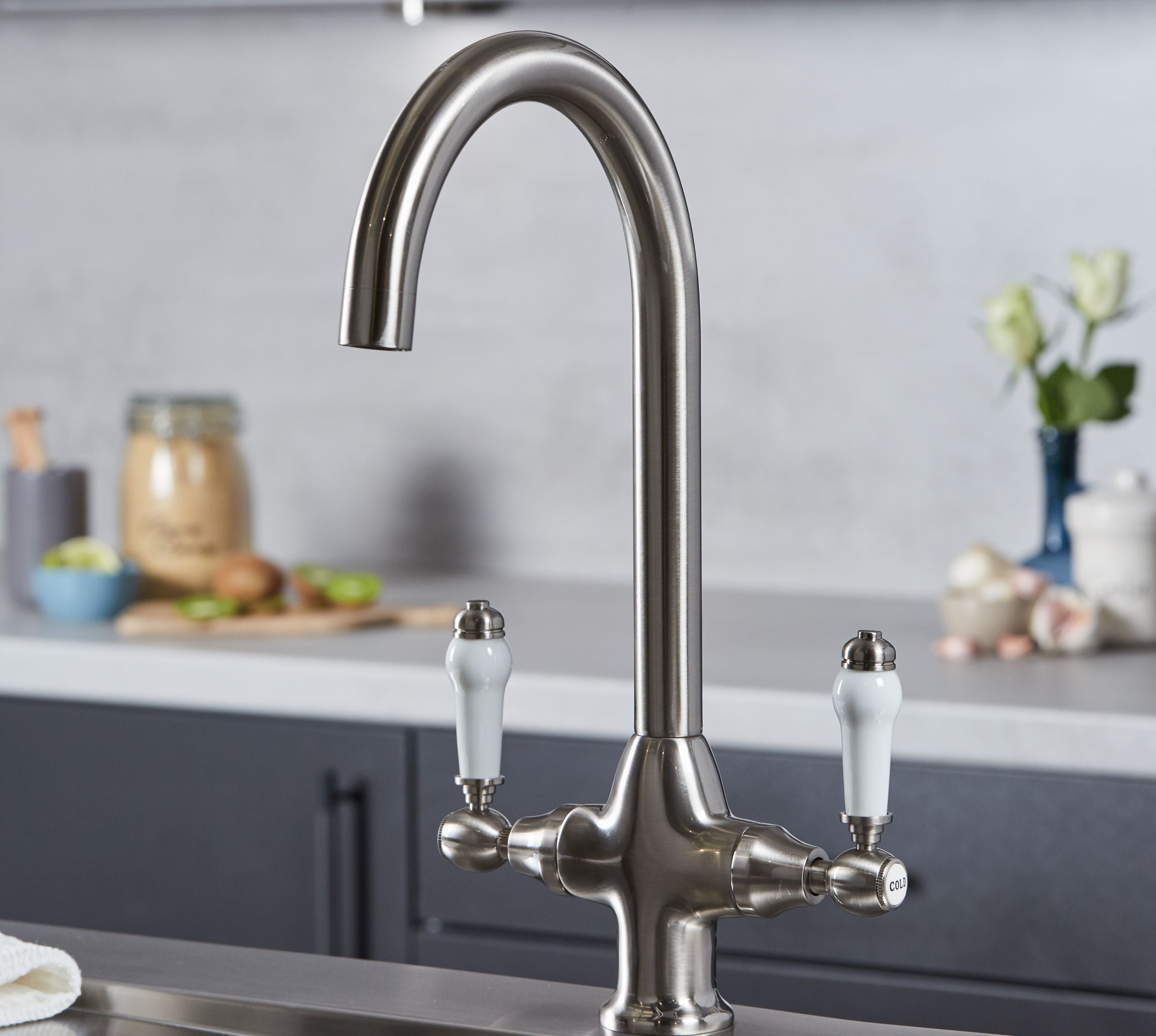 Imperial Twin Lever Traditional Style Swan Neck Mono Bloc Tap - Brushed Nickel with White Levers