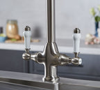 Imperial Twin Lever Traditional Style Swan Neck Mono Bloc Tap - Brushed Nickel with White Levers