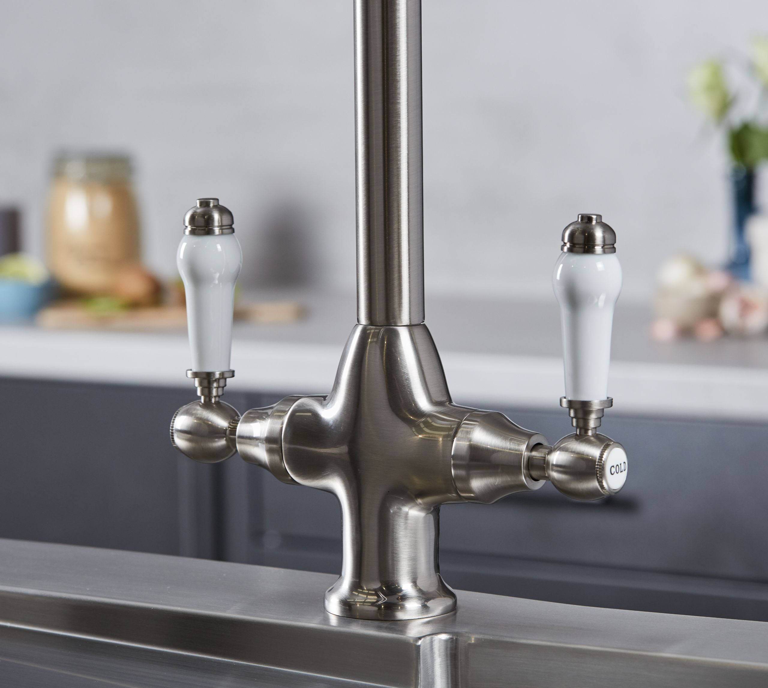 Imperial Twin Lever Traditional Style Swan Neck Mono Bloc Tap - Brushed Nickel with White Levers