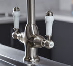 Imperial Twin Lever Traditional Style Swan Neck Mono Bloc Tap - Brushed Nickel with White Levers