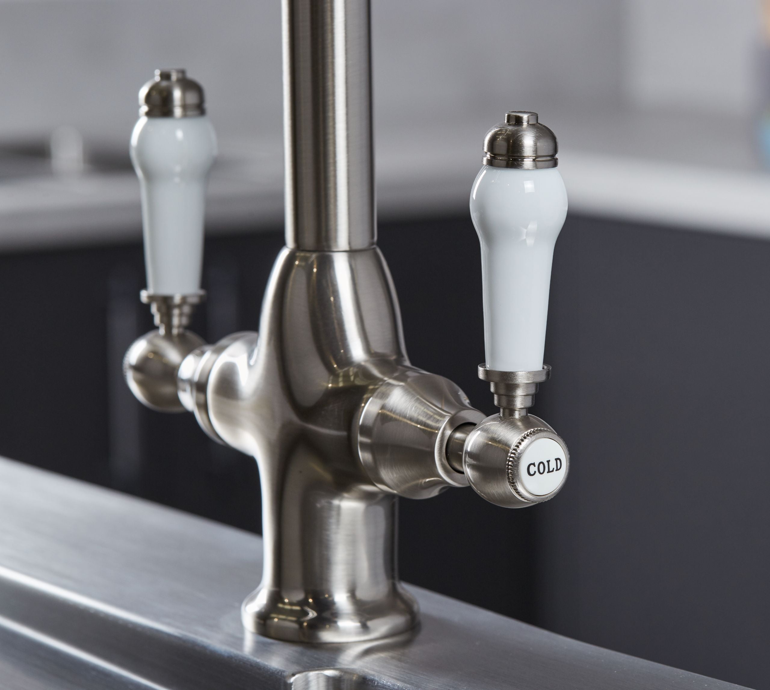 Imperial Twin Lever Traditional Style Swan Neck Mono Bloc Tap - Brushed Nickel with White Levers