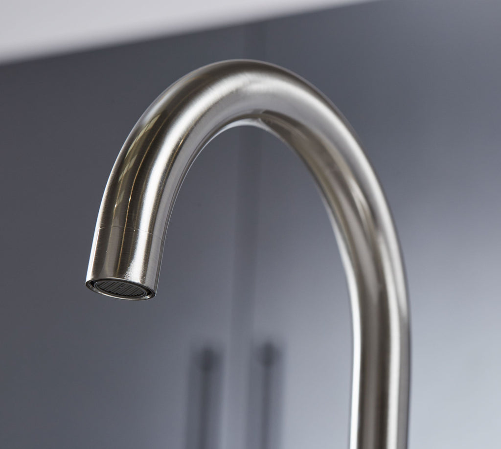 Imperial Twin Lever Traditional Style Swan Neck Mono Bloc Tap - Brushed Nickel with White Levers