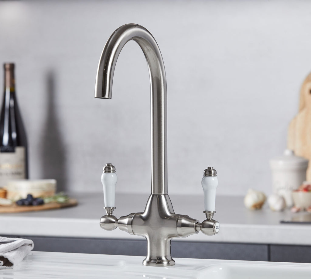 Imperial Twin Lever Traditional Style Swan Neck Mono Bloc Tap - Brushed Nickel with White Levers