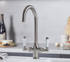 Imperial Twin Lever Traditional Style Swan Neck Mono Bloc Tap - Brushed Nickel with White Levers