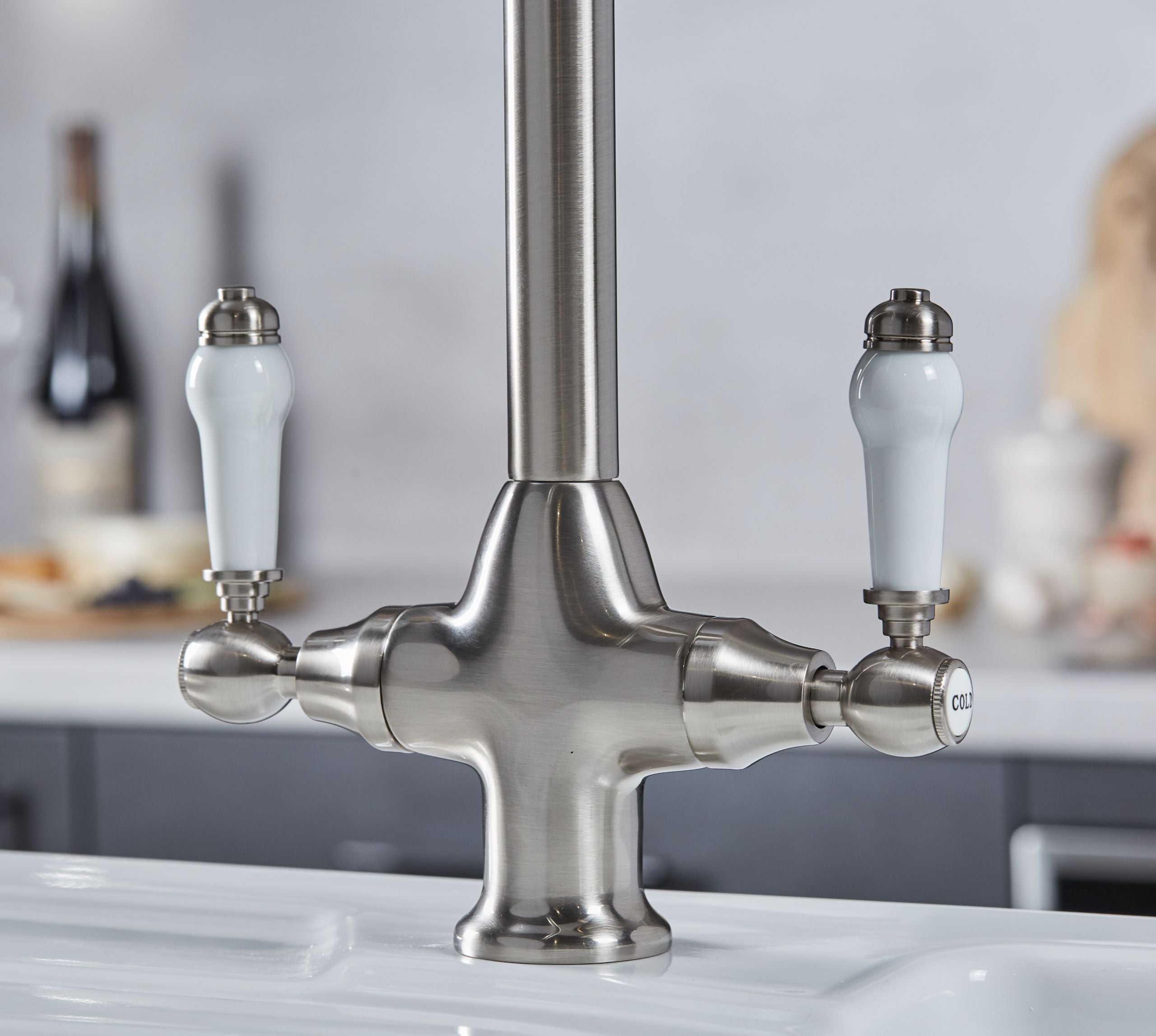 Imperial Twin Lever Traditional Style Swan Neck Mono Bloc Tap - Brushed Nickel with White Levers