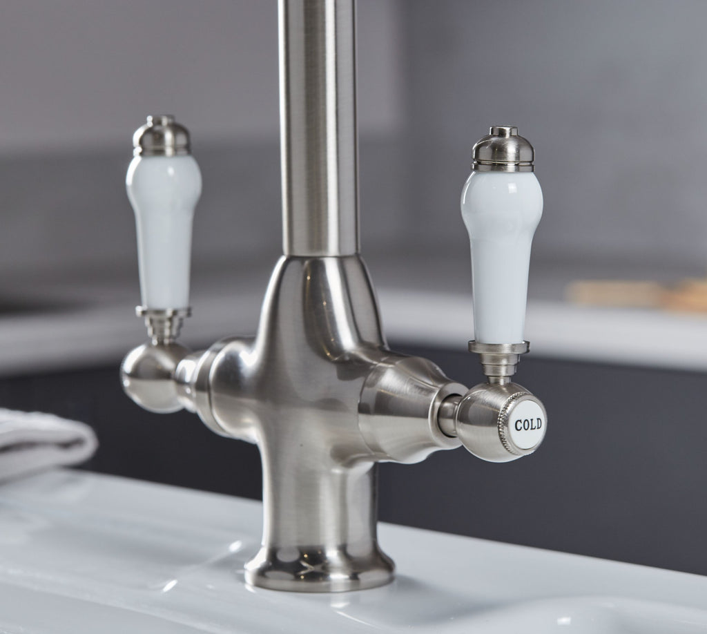 Imperial Twin Lever Traditional Style Swan Neck Mono Bloc Tap - Brushed Nickel with White Levers