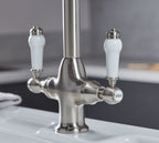 Imperial Twin Lever Traditional Style Swan Neck Mono Bloc Tap - Brushed Nickel with White Levers