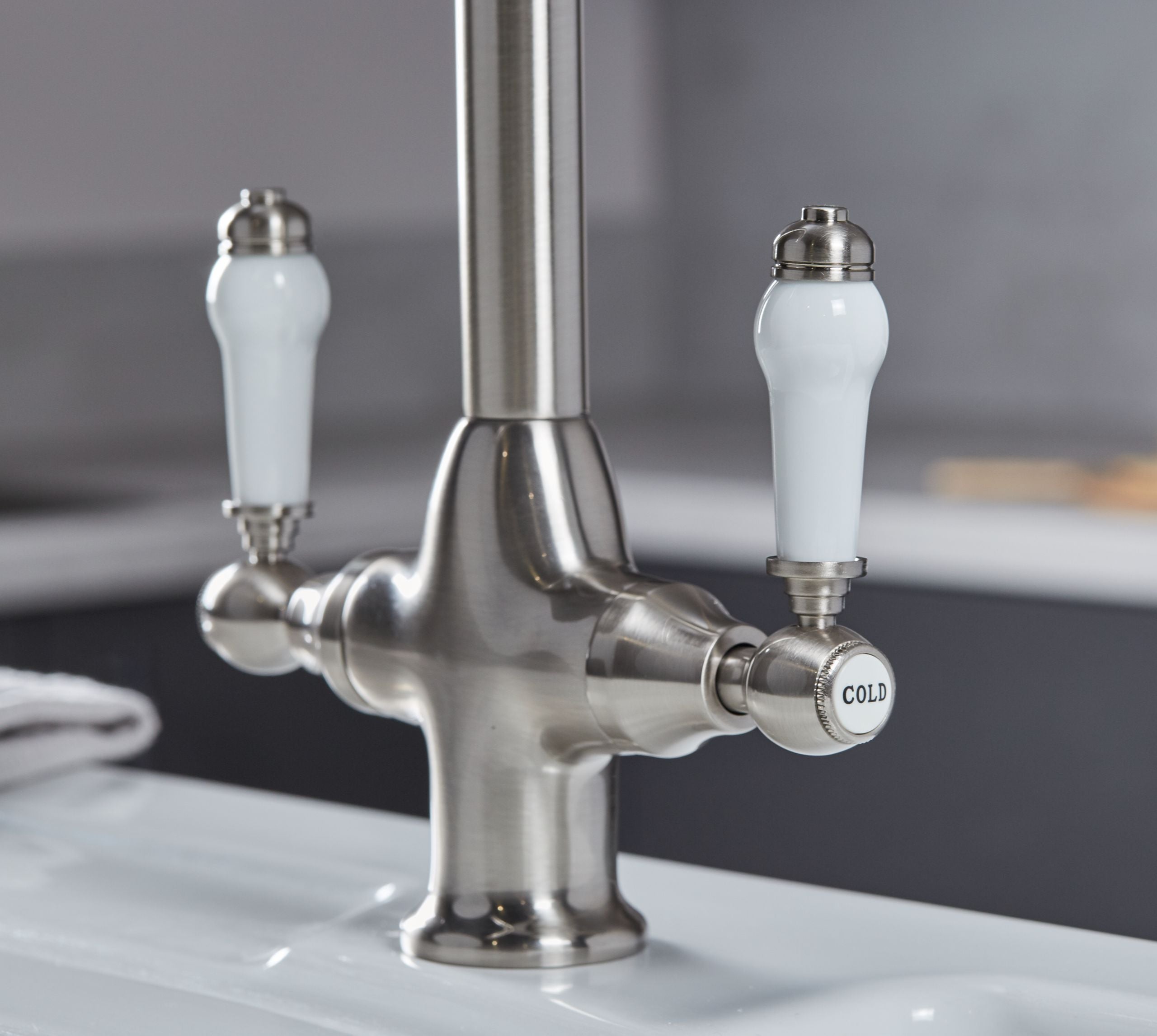 Imperial Twin Lever Traditional Style Swan Neck Mono Bloc Tap - Brushed Nickel with White Levers