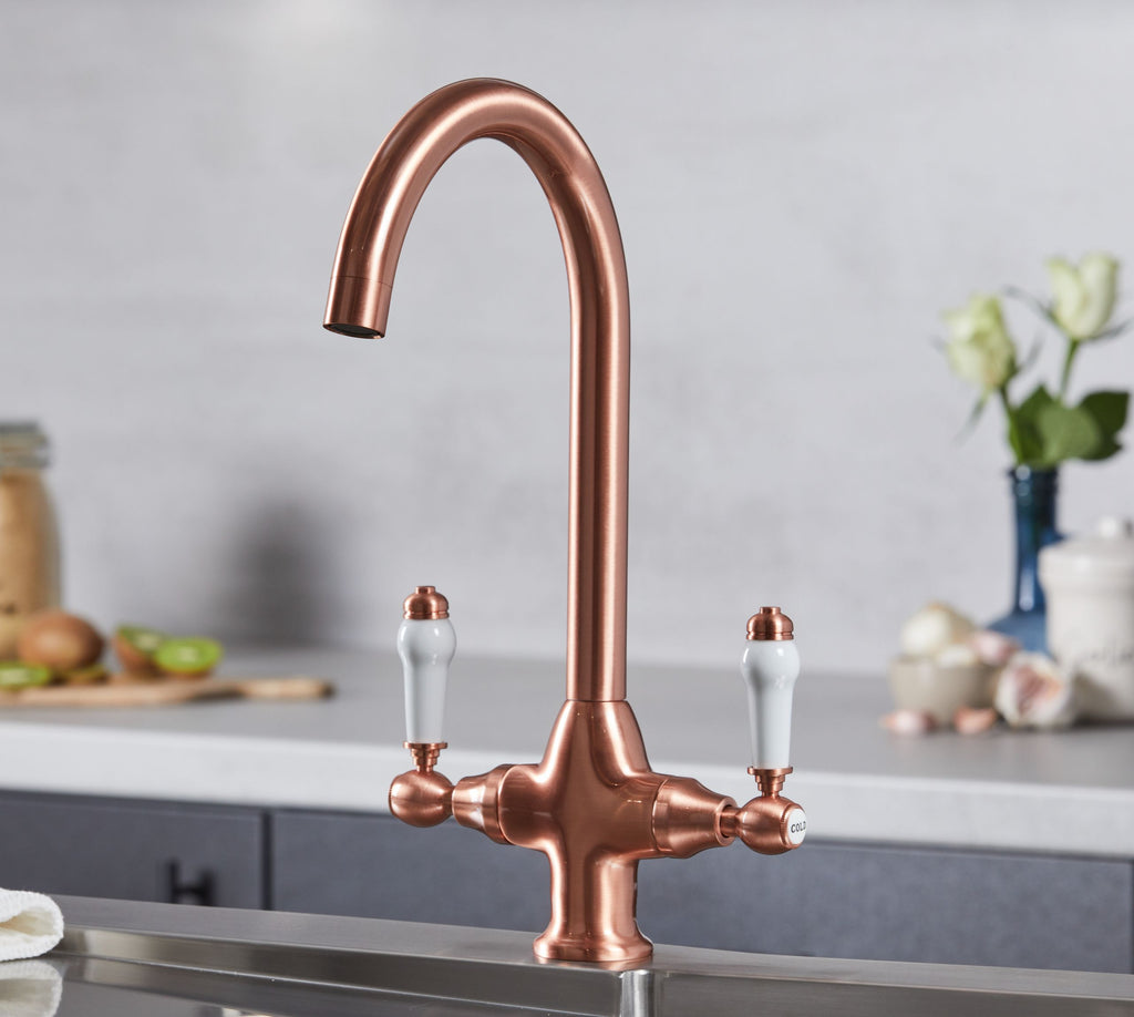 Imperial Twin Lever Traditional Style Swan Neck Mono Bloc Kitchen Tap - Copper with White Handles