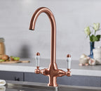 Imperial Twin Lever Traditional Style Swan Neck Mono Bloc Kitchen Tap - Copper with White Handles