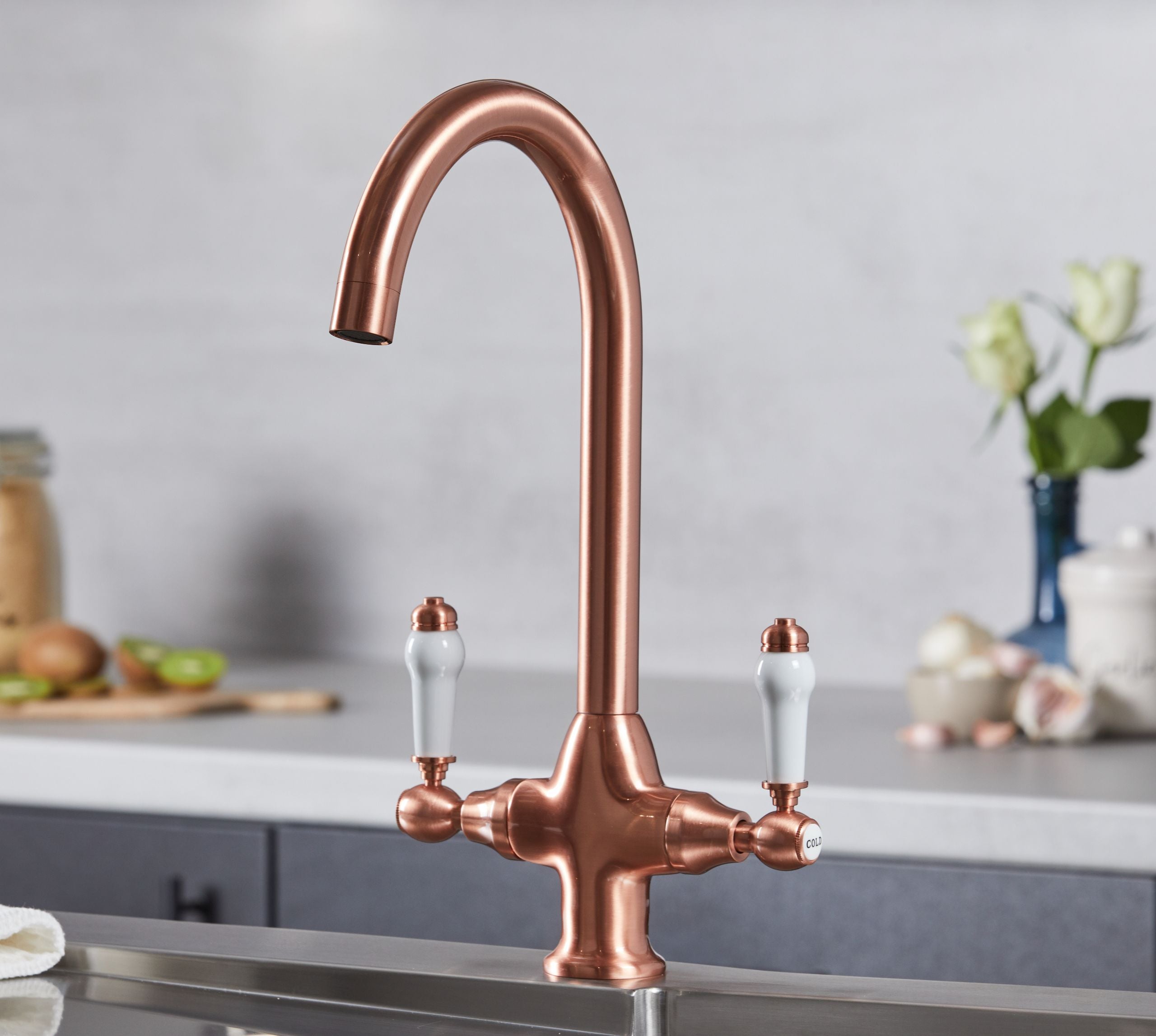 Imperial Twin Lever Traditional Style Swan Neck Mono Bloc Kitchen Tap - Copper with White Handles