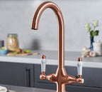 Imperial Twin Lever Traditional Style Swan Neck Mono Bloc Kitchen Tap - Copper with White Handles