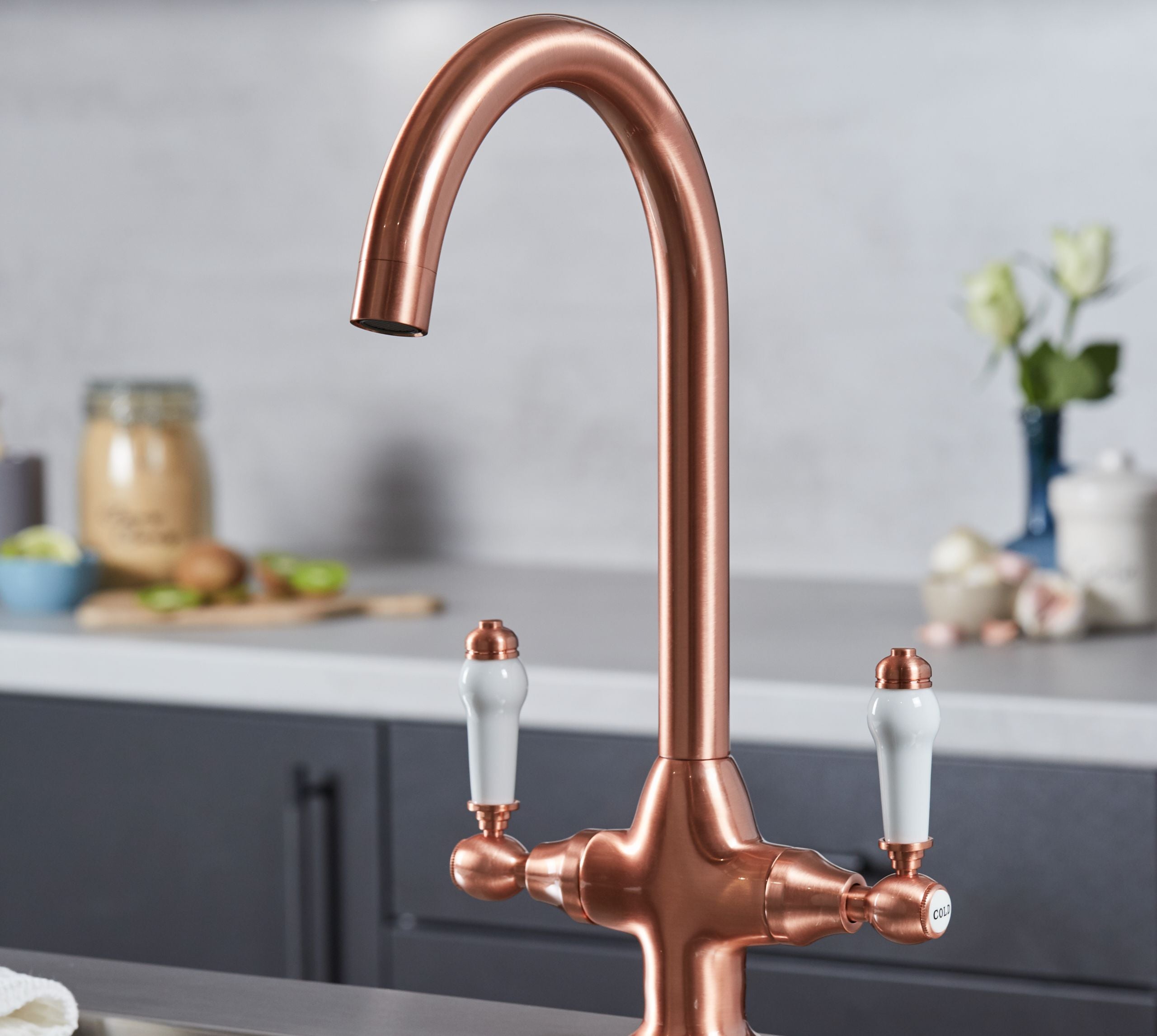 Imperial Twin Lever Traditional Style Swan Neck Mono Bloc Kitchen Tap - Copper with White Handles