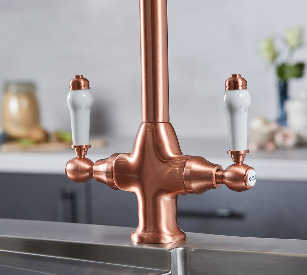 Imperial Twin Lever Traditional Style Swan Neck Mono Bloc Kitchen Tap - Copper with White Handles