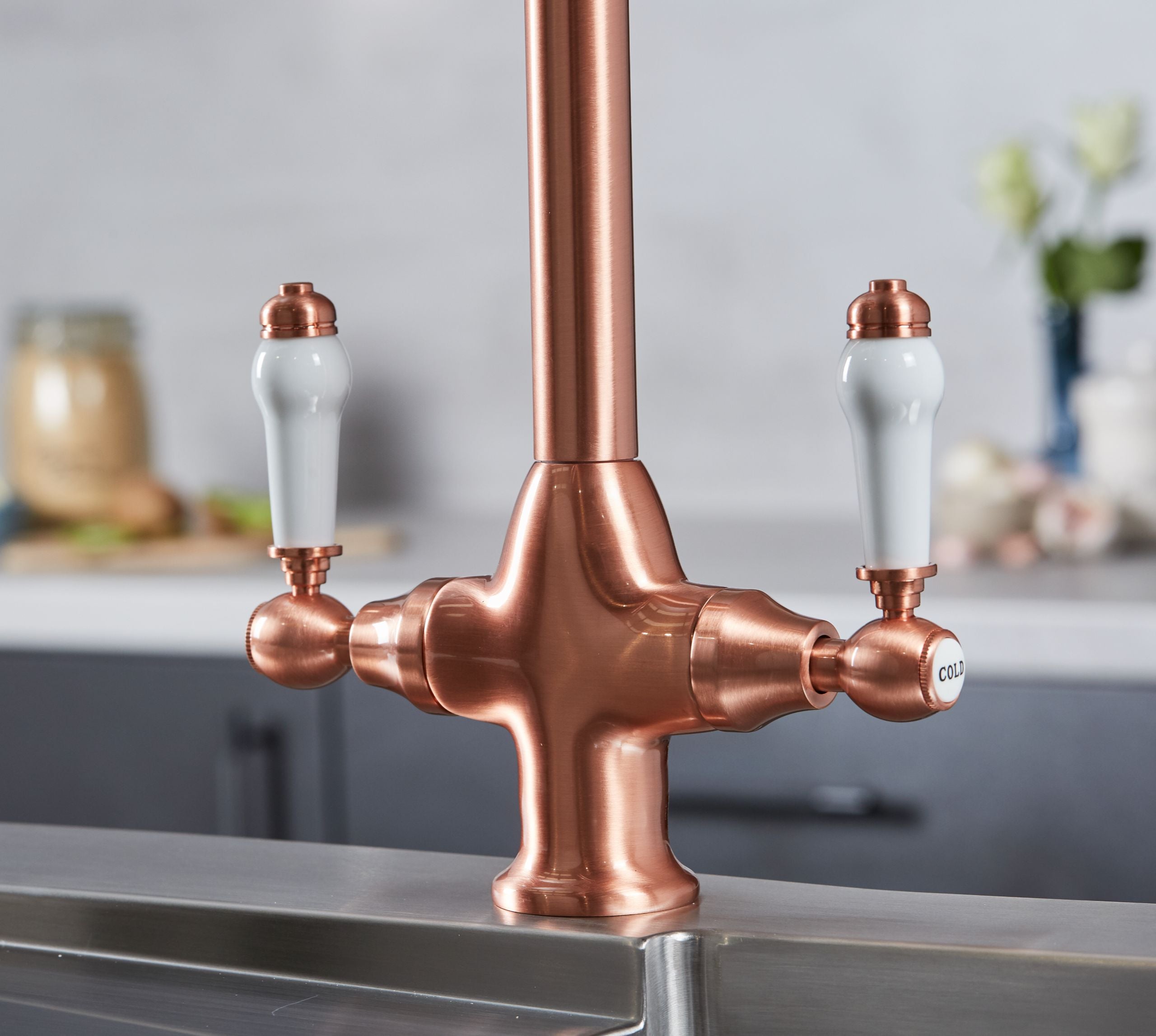 Imperial Twin Lever Traditional Style Swan Neck Mono Bloc Kitchen Tap - Copper with White Handles