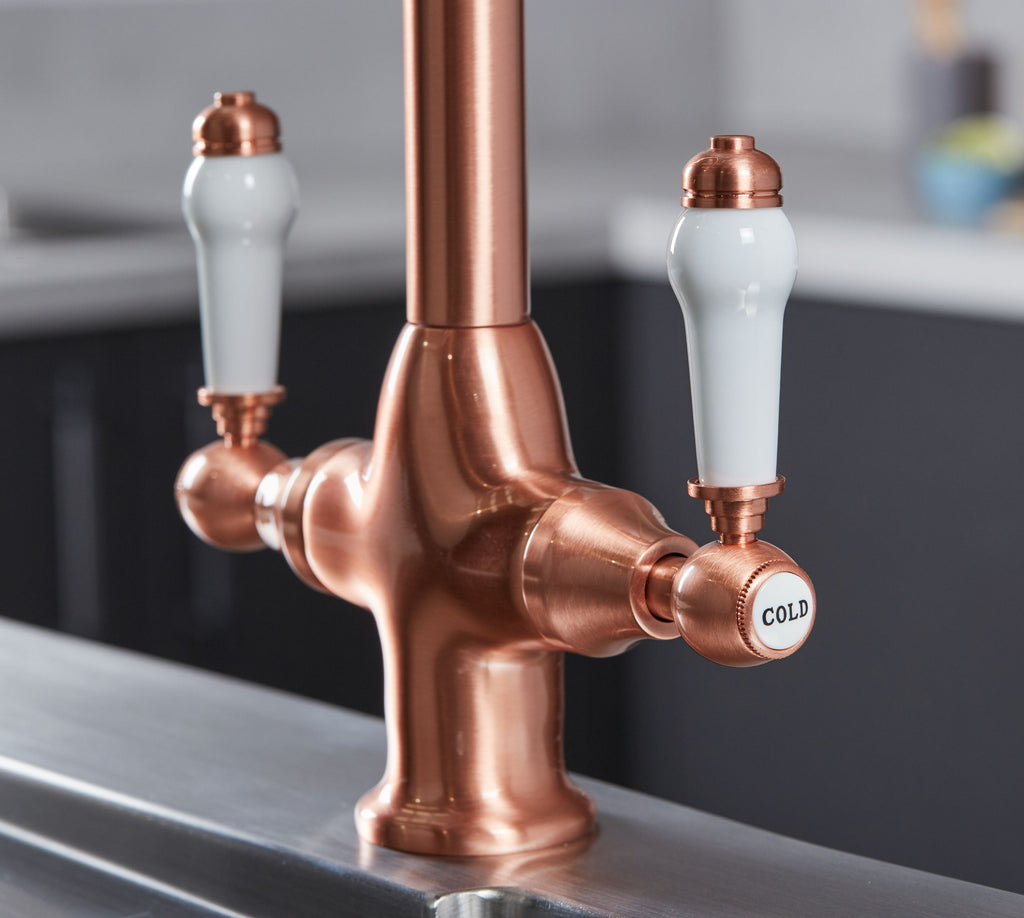 Imperial Twin Lever Traditional Style Swan Neck Mono Bloc Kitchen Tap - Copper with White Handles
