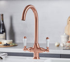 Imperial Twin Lever Traditional Style Swan Neck Mono Bloc Kitchen Tap - Copper with White Handles