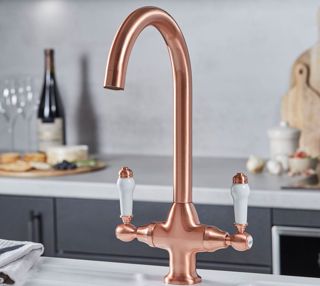 Imperial Twin Lever Traditional Style Swan Neck Mono Bloc Kitchen Tap - Copper with White Handles