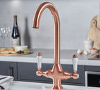 Imperial Twin Lever Traditional Style Swan Neck Mono Bloc Kitchen Tap - Copper with White Handles