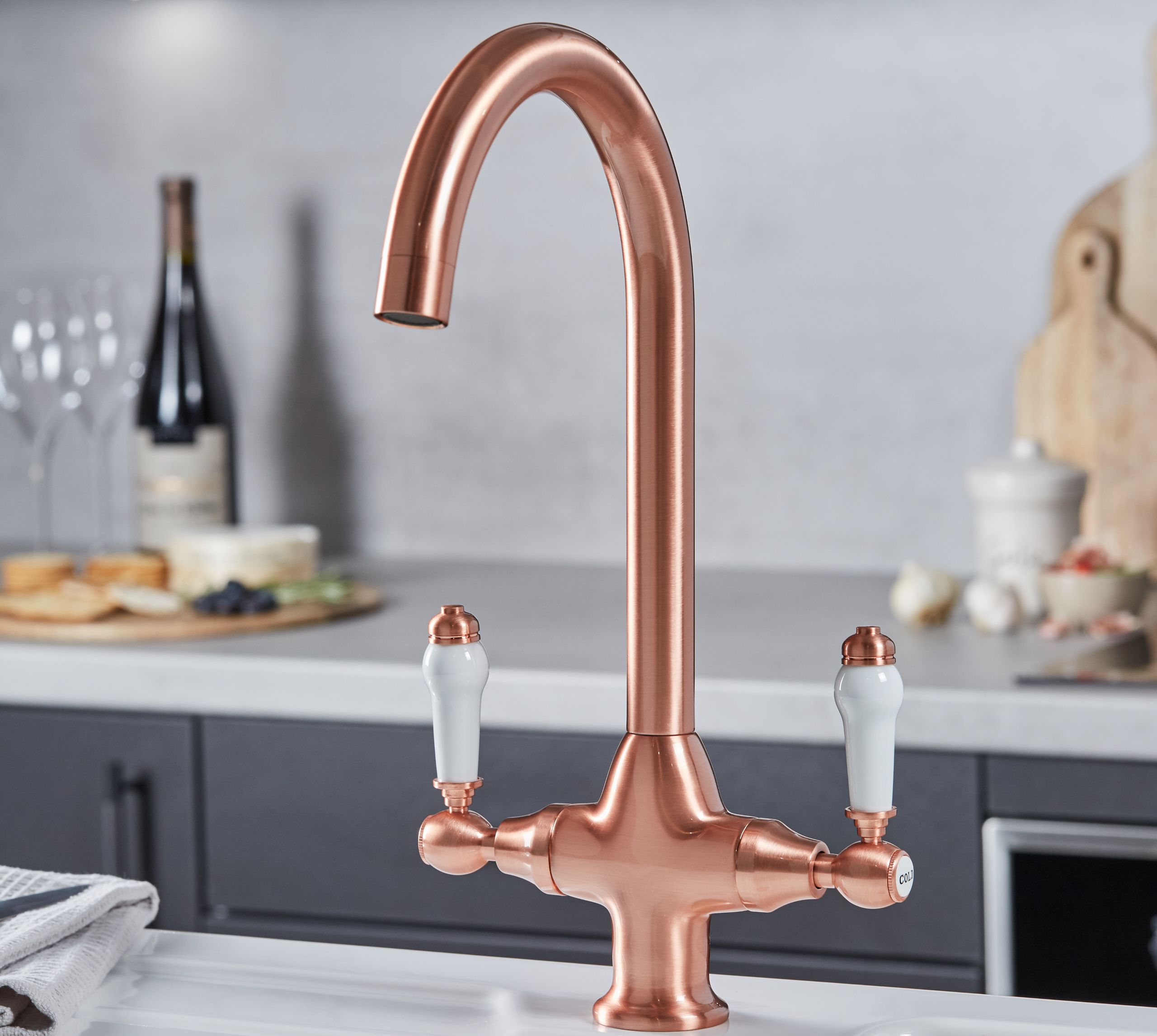 Imperial Twin Lever Traditional Style Swan Neck Mono Bloc Kitchen Tap - Copper with White Handles
