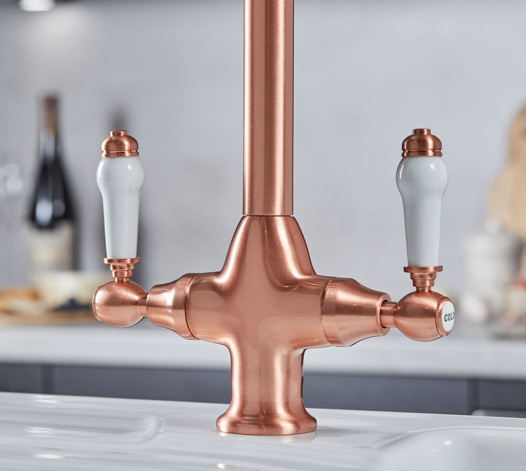 Imperial Twin Lever Traditional Style Swan Neck Mono Bloc Kitchen Tap - Copper with White Handles