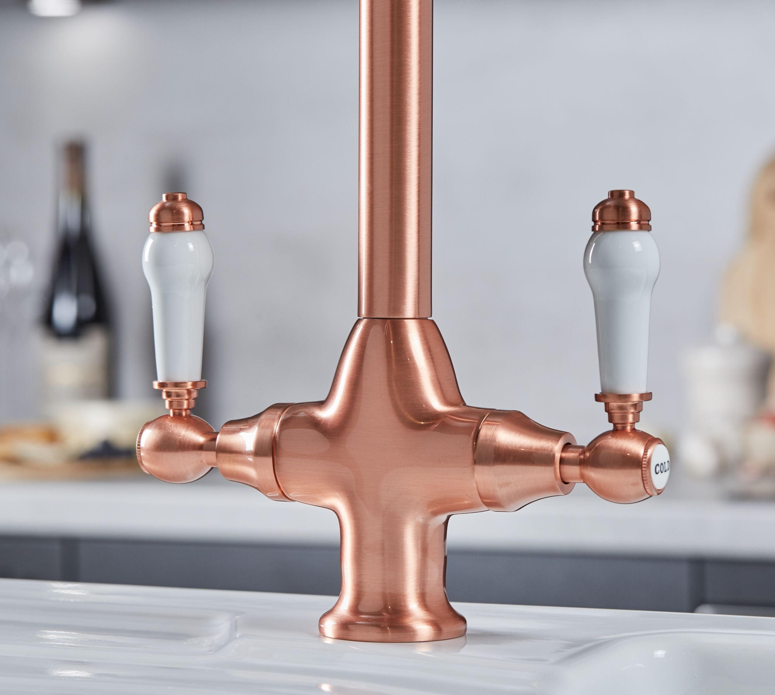 Imperial Twin Lever Traditional Style Swan Neck Mono Bloc Kitchen Tap - Copper with White Handles