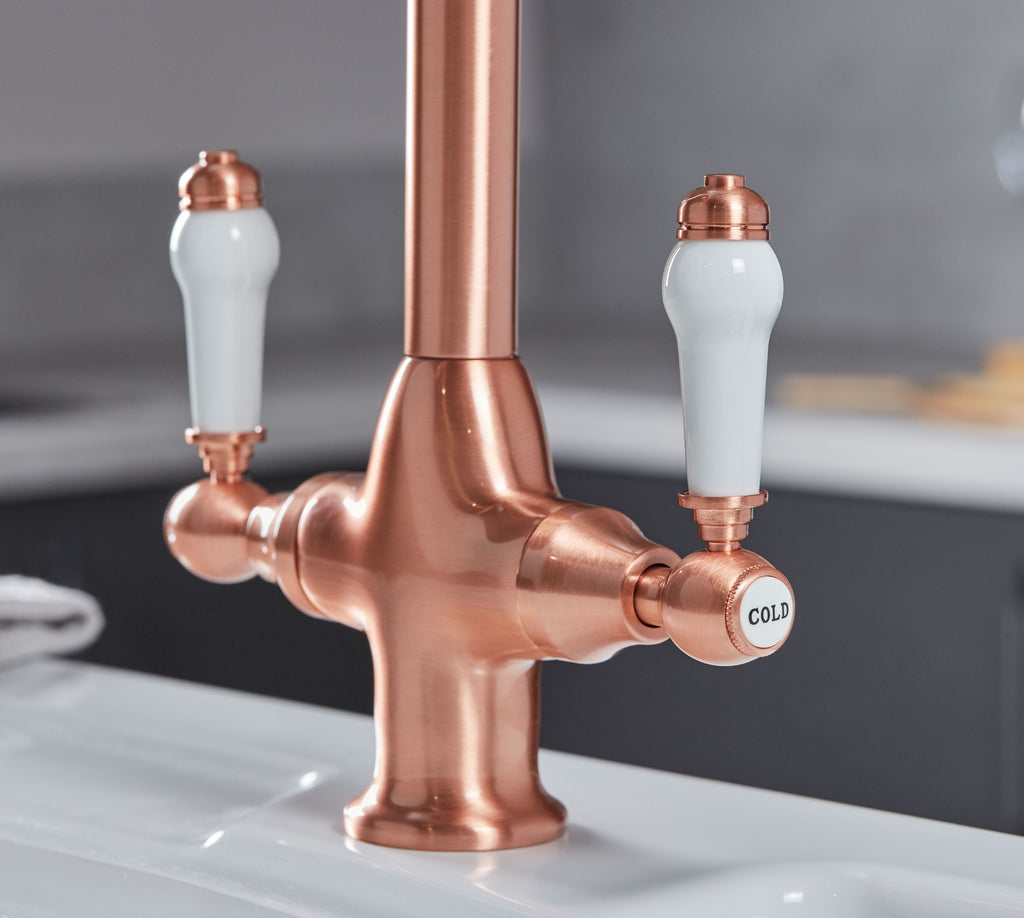 Imperial Twin Lever Traditional Style Swan Neck Mono Bloc Kitchen Tap - Copper with White Handles