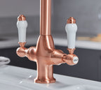 Imperial Twin Lever Traditional Style Swan Neck Mono Bloc Kitchen Tap - Copper with White Handles